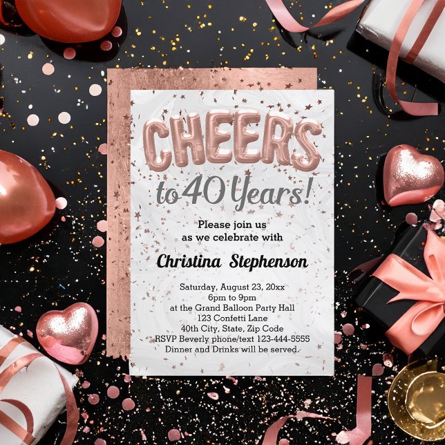 Rose Gold Balloons Cheers 40 Years 40th Birthday Invitation (cheers to 40 years rose gold glitter 40th birthday party invitation for women)