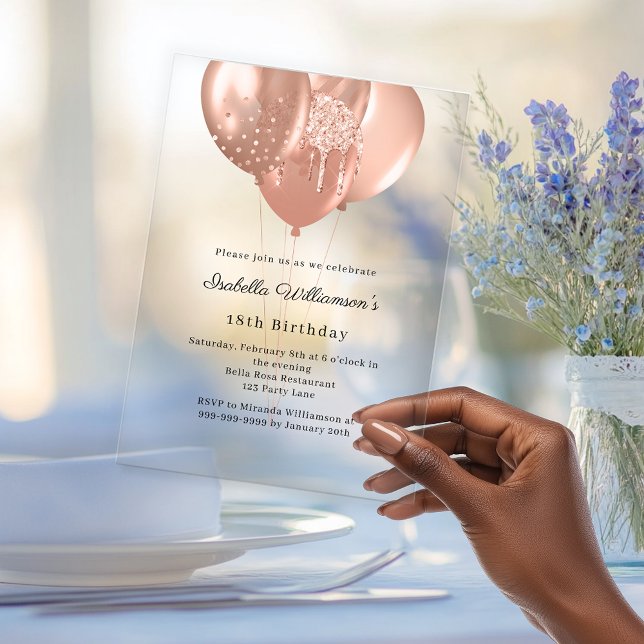 Rose gold balloons clear luxury birthday  acrylic invitations (Creator Uploaded)