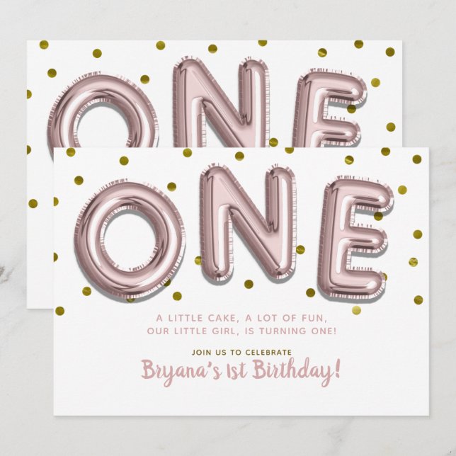 Rose Gold Balloons Confetti ONE 1st Birthday Party Invitation (Front/Back)
