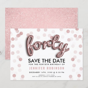 Rose Gold Balloons Glitter 40th Birthday Invitation