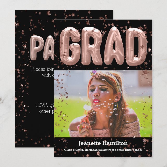 Rose Gold Balloons Pink Confetti Girls Graduation Invitation (Front/Back)
