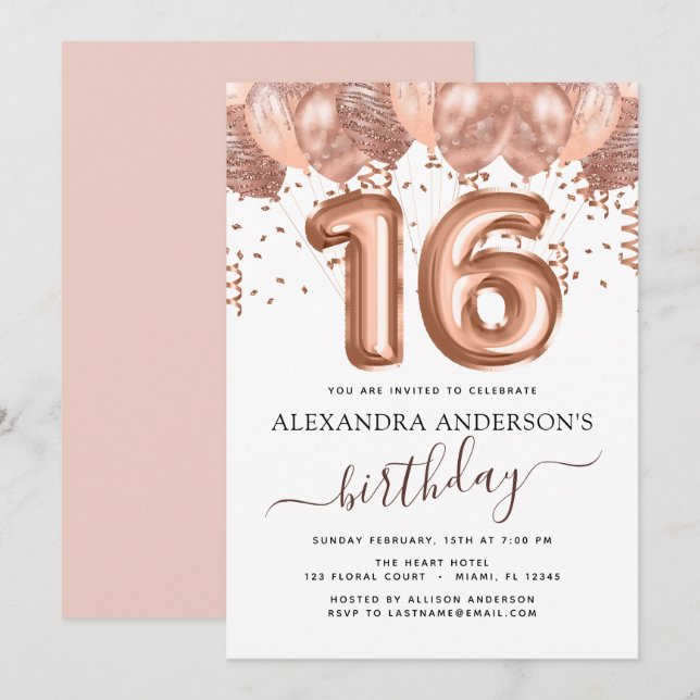 Rose Gold Balloons Sweet 16 Birthday Invitation (Front/Back)