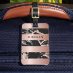 Rose Gold Bands, Black & Rose Gold Marble, Name Luggage Tag<br><div class="desc">Rose Gold bands on black and rose gold marble with black name.</div>