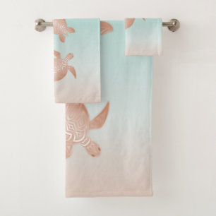 Rose Gold Beachstyle Turtles Coastal Bath Towel Set