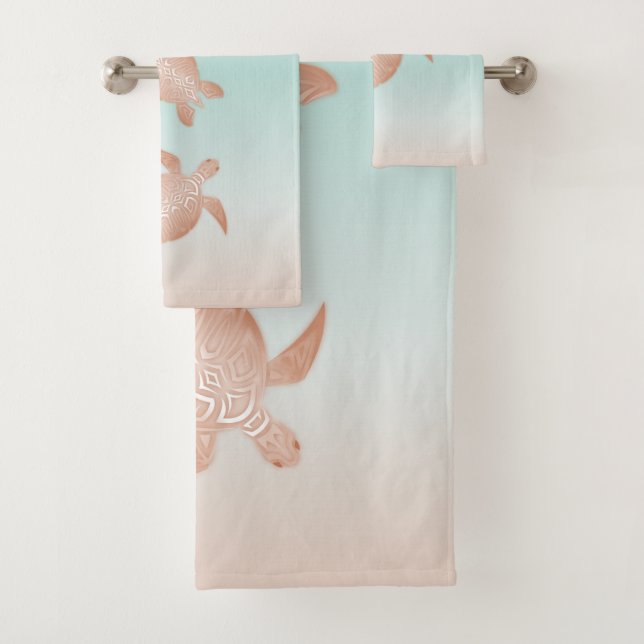 Rose Gold Beachstyle Turtles Coastal Bath Towel Set (Insitu)