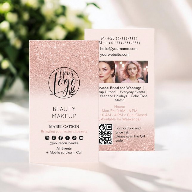 Rose Gold Beauty Makeup Artist Photos QR Code Business Card (Rose Gold Beauty Makeup Artist Photos QR Code Business Card)