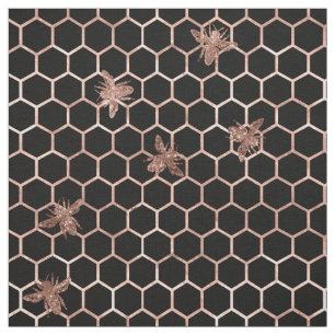 Rose Gold Bees and Honeycomb on Black Fabric