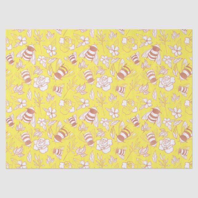 Rose Gold Bees & Flowers on Yellow Tissue Paper (Front)