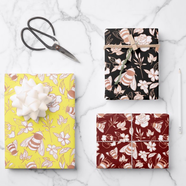 Rose Gold Bees & Flowers Wrapping Paper Sheet (Front)