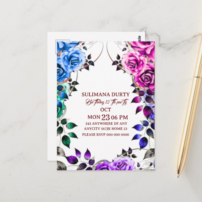 Rose Gold Birthday Invitation Template: Let's Part Postcard (Front/Back In Situ)