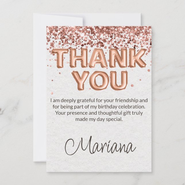 Rose Gold Birthday Party Thank You Card (Front)