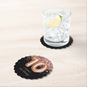 Rose Gold Black 10th Birthday Party Paper Coaster