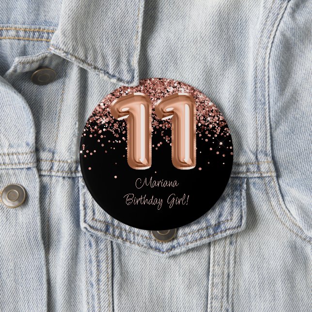Rose Gold Black 11th Birthday Party 4 Inch Round Button (In Situ)