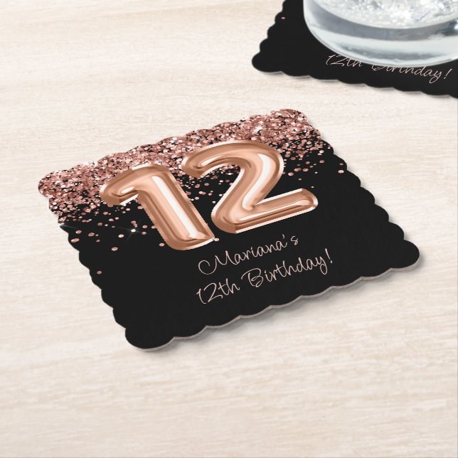  Rose Gold Black 12th Birthday Party Paper Coaster (Angled)