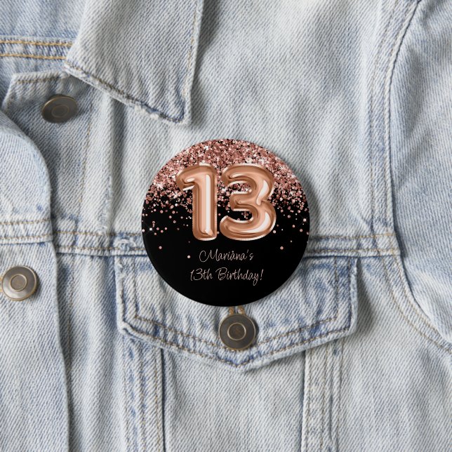 Rose Gold Black 13th Birthday Party 3 Inch Round Button (In Situ)