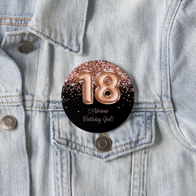 Rose Gold Black 18th Birthday Party 3 Inch Round Button (In Situ)