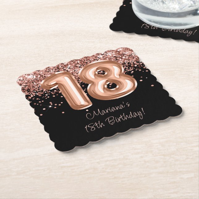  Rose Gold Black 18th Birthday Party Paper Coaster (Angled)