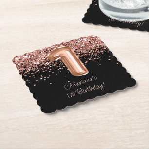 Rose Gold Black 1st Birthday Party Paper Coaster