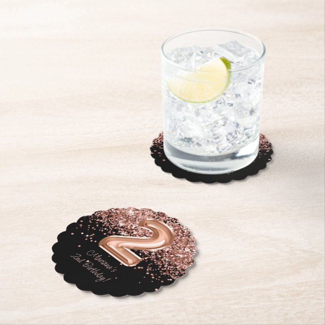  Rose Gold Black 2nd Birthday Party Paper Coaster (Insitu)