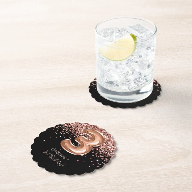  Rose Gold Black 3rd Birthday Party Paper Coaster (Insitu)