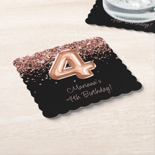 Rose Gold Black 4th Birthday Party Paper Coaster (Angled)