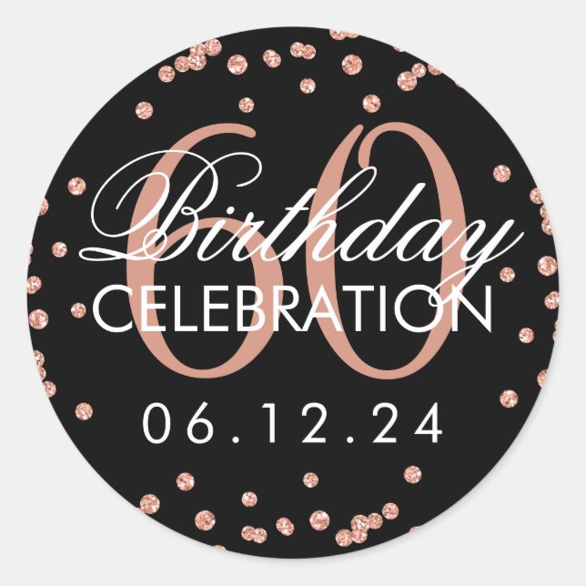 Rose Gold Black 60th Birthday Glitter Confetti Classic Round Sticker (Front)