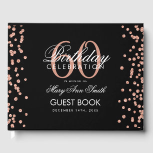 Rose Gold Black 60th Birthday Glitter Confetti Guest Book