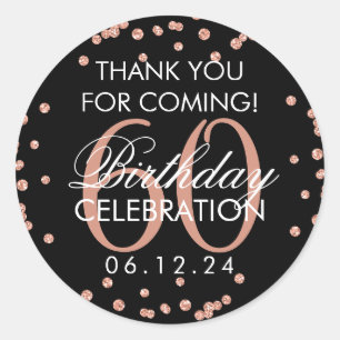 Rose Gold Black 60th Birthday Thank You Confetti Classic Round Sticker