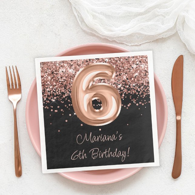  Rose Gold Black 6th Birthday Party Napkin (Creator Uploaded)