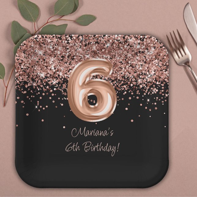 Rose Gold Black 6th Birthday Party Paper Plate (Creator Uploaded)