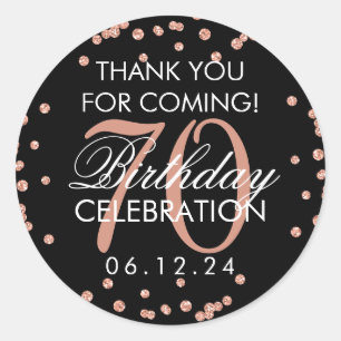 Rose Gold Black 70th Birthday Thank You Confetti Classic Round Sticker