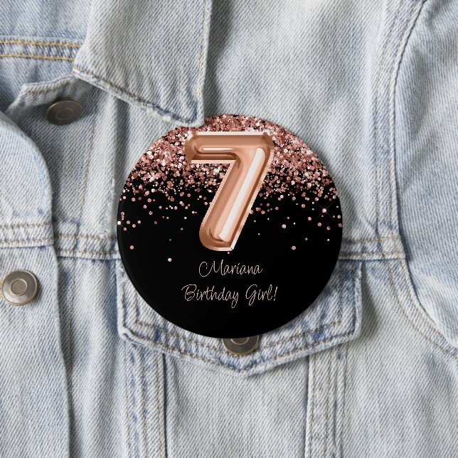Rose Gold Black 7th Birthday Party 4 Inch Round Button (In Situ)