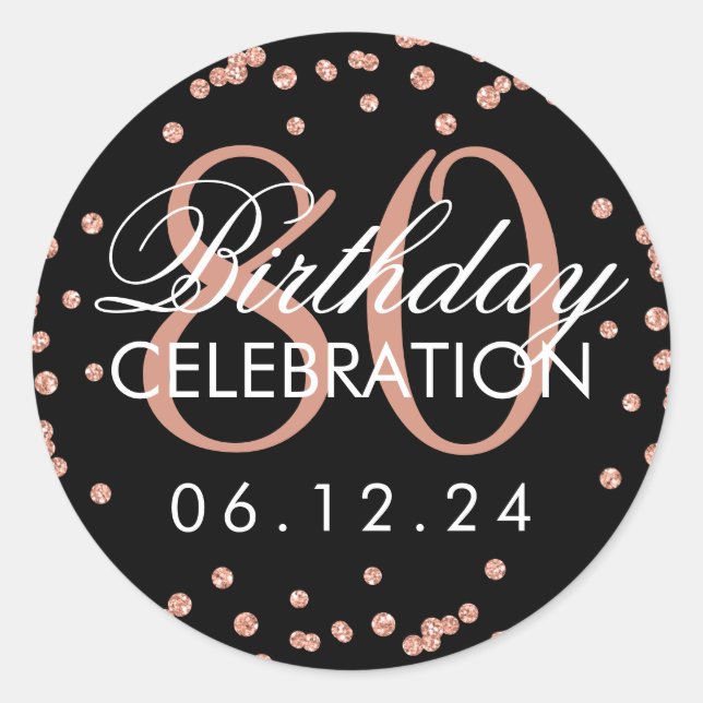 Rose Gold Black 80th Birthday Glitter Confetti Classic Round Sticker (Front)