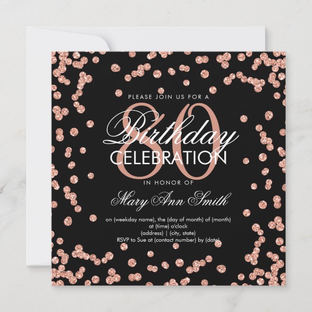 Rose Gold Black 80th Birthday Glitter Confetti Invitation (Front)