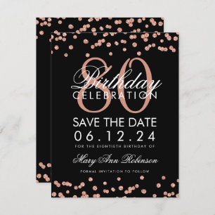 Rose Gold Black 80th Birthday Save Date Confetti Invitation