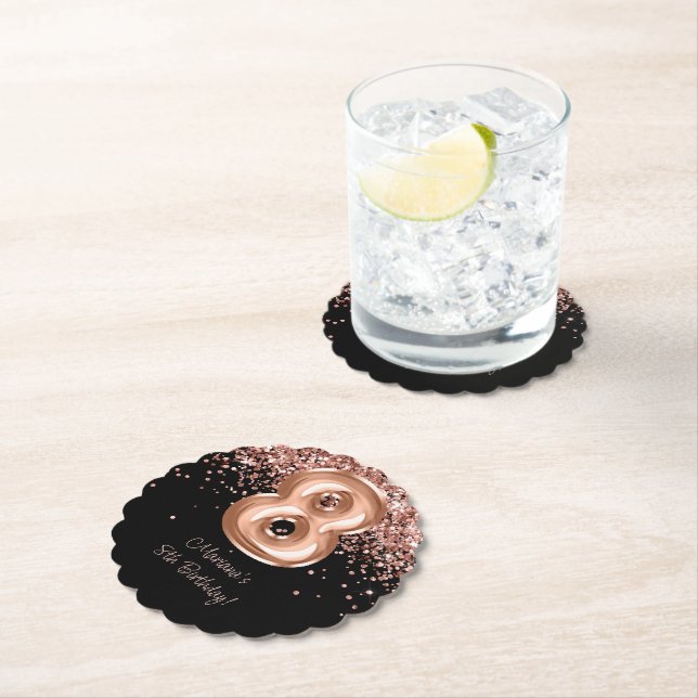  Rose Gold Black 8th Birthday Party Paper Coaster (Insitu)