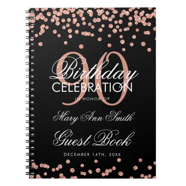 Rose Gold Black 90th Birthday Guest Book Confetti (Front)
