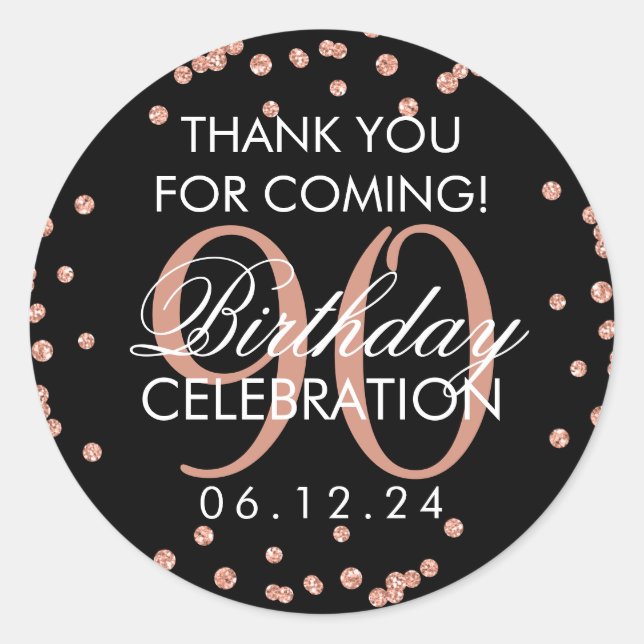 Rose Gold Black 90th Birthday Thank You Glitter Classic Round Sticker (Front)