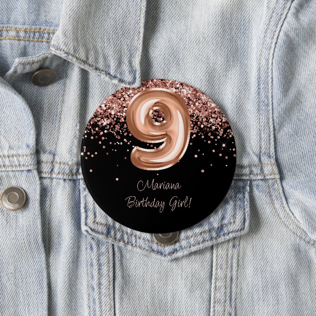 Rose Gold Black 9th Birthday Party 4 Inch Round Button (In Situ)
