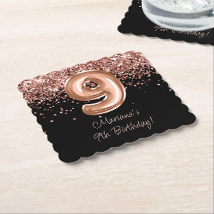 Rose Gold Black 9th Birthday Party Paper Coaster