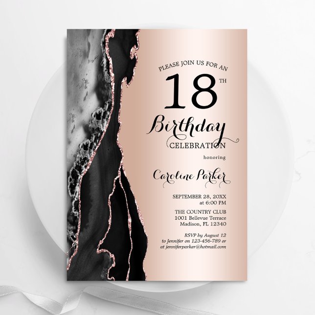 Rose Gold Black Agate 18th Birthday Invitation (Creator Uploaded)