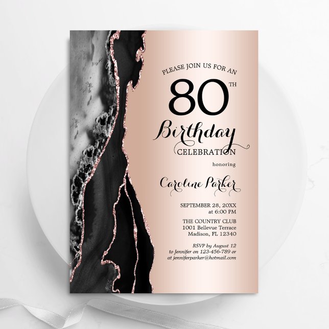 Rose Gold Black Agate 80th Birthday Invitation (Creator Uploaded)