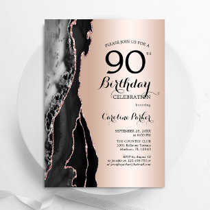 Rose Gold Black Agate 90th Birthday Invitation