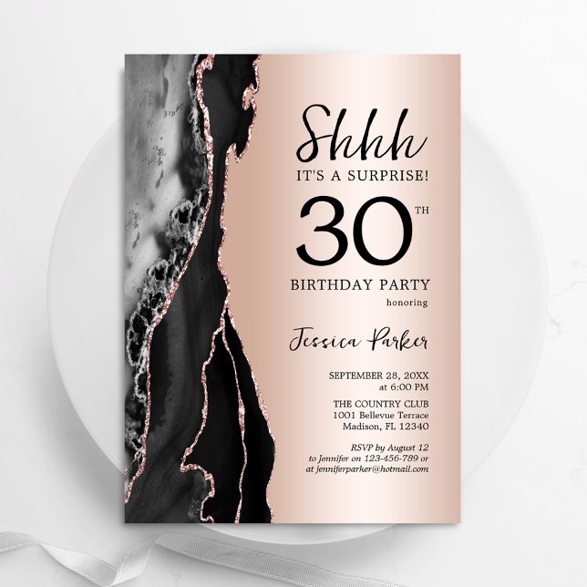 Rose Gold Black Agate Surprise 30th Birthday Invitation (Creator Uploaded)