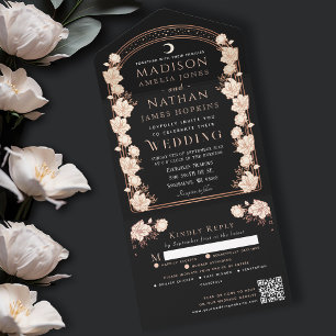 Rose Gold Black Art Nouveau QR Code Wedding All In One Invitation
