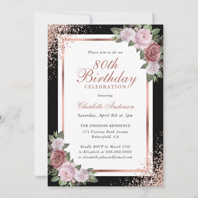 Rose Gold Black Blush Pink Roses 80th Birthday Invitation (Front)