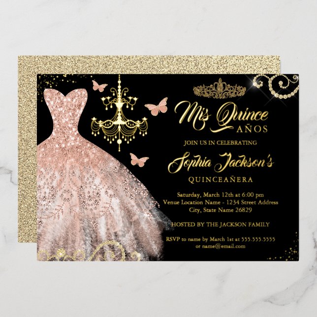 Rose Gold Black Butterfly Tiara Dress Quinceanera  (Front/Back)