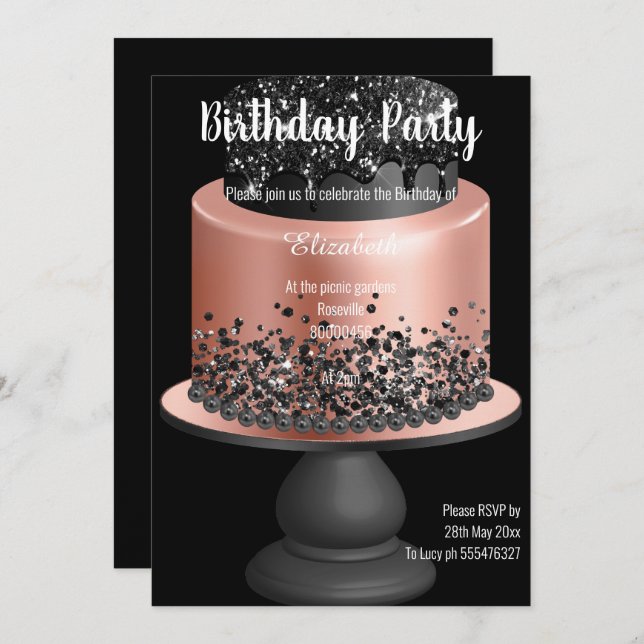 ROSE GOLD BLACK CAKE BIRTHDAY INVITATION (Front/Back)