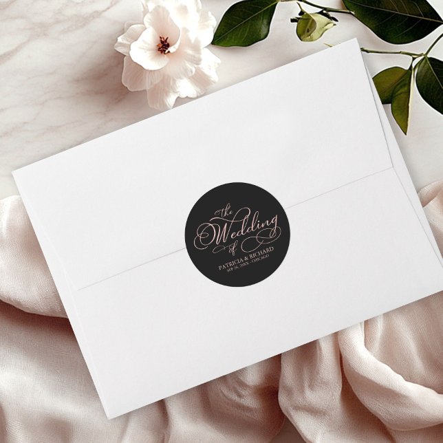 Rose Gold Black Calligraphy Wedding Classic Round Sticker (Creator Uploaded)