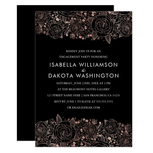 Rose Gold & Black | Chic Floral Engagement Party Card